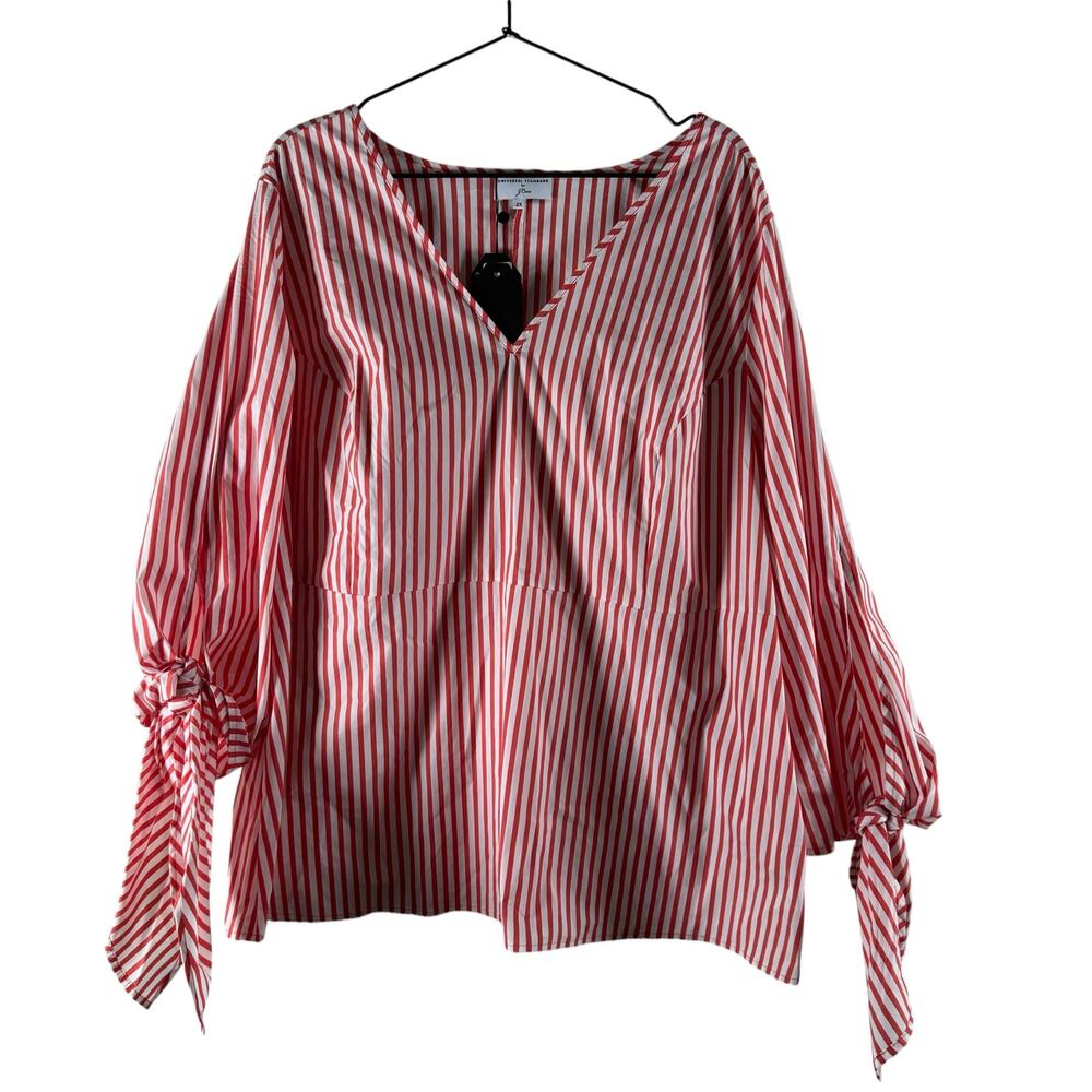 NEW J.CREW X UNIVERSAL STANDARD Poplin Tie Sleeve Red White Blouse Stripe 2XL